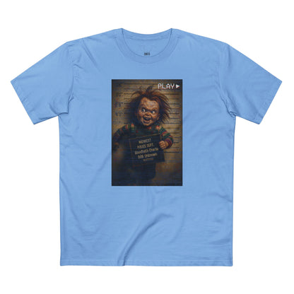 Creepy Killer Doll Mugshot T-Shirt – Halloween Horror Tee, Boutique DTG Print, Premium Cotton Tee, 90s VHS Aesthetic