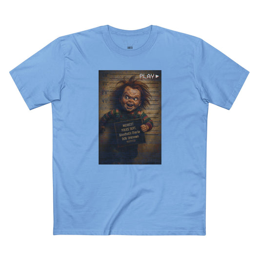 Creepy Killer Doll Mugshot T-Shirt – Halloween Horror Tee, Boutique DTG Print, Premium Cotton Tee, 90s VHS Aesthetic