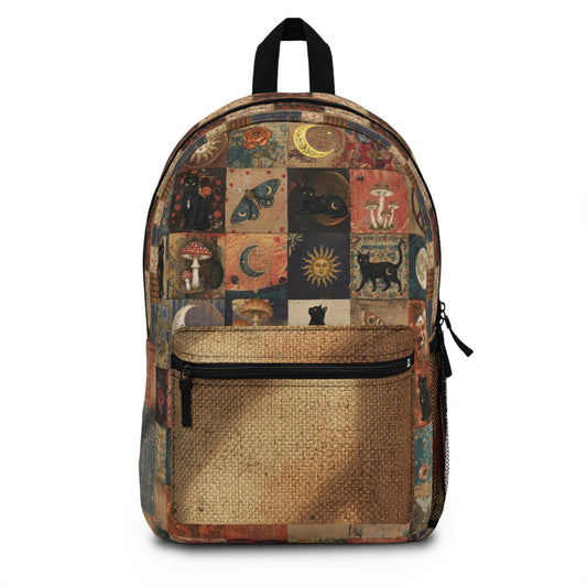 Witchy Cottagecore Backpack | Black Cat Mushroom Patchwork Bag