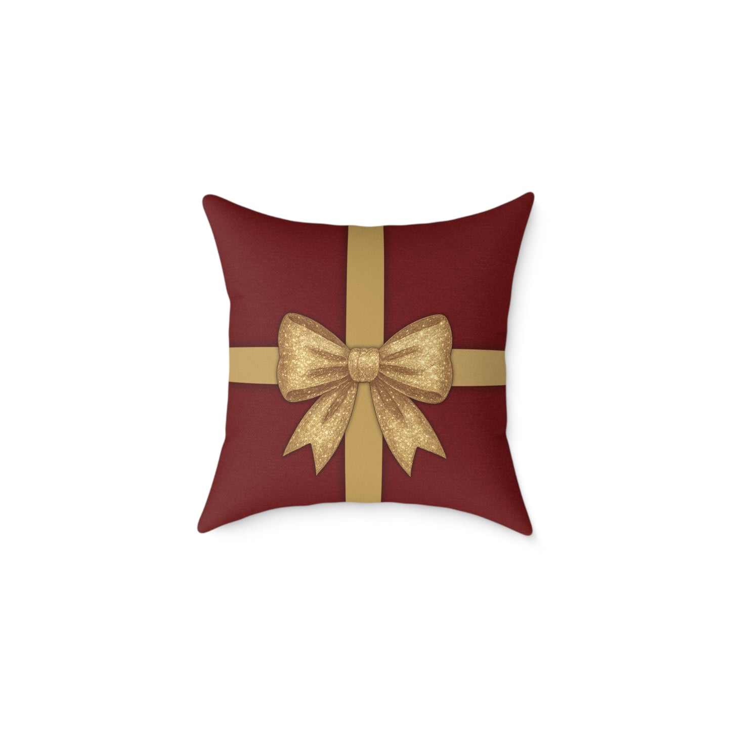 Red & Gold Gift Box Throw Pillow – Holiday Present Canvas Cushion with Holly Back