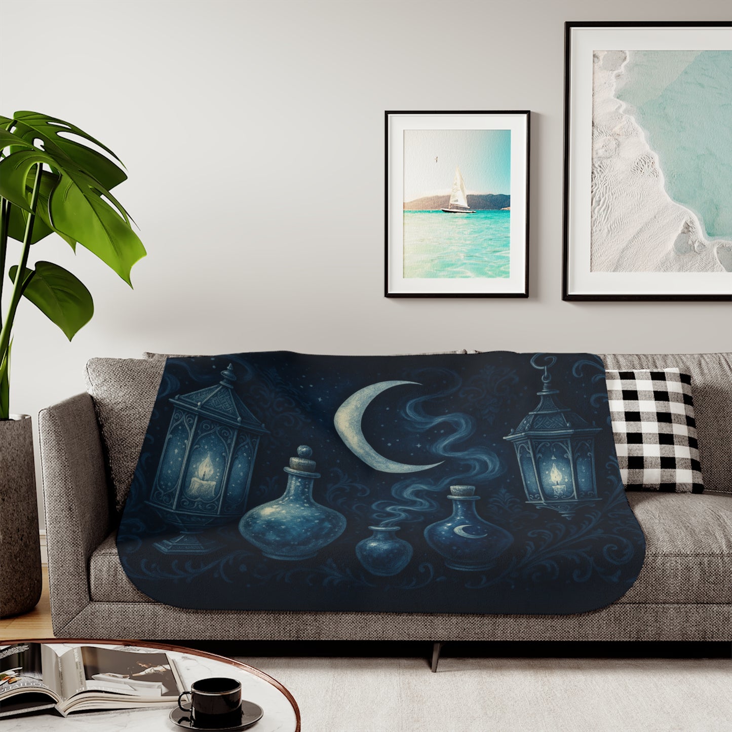 Witchy Winter Sherpa Blanket – Crescent Moon, Lanterns & Potion Bottles