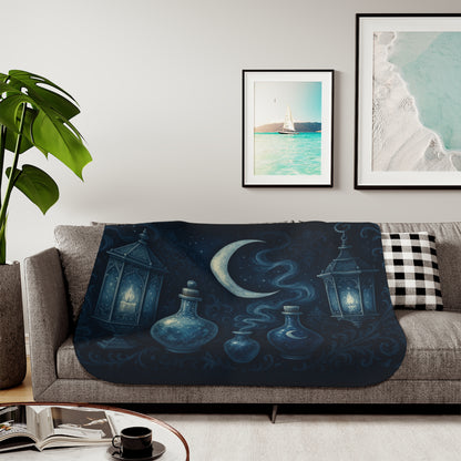 Witchy Winter Sherpa Blanket – Crescent Moon, Lanterns & Potion Bottles