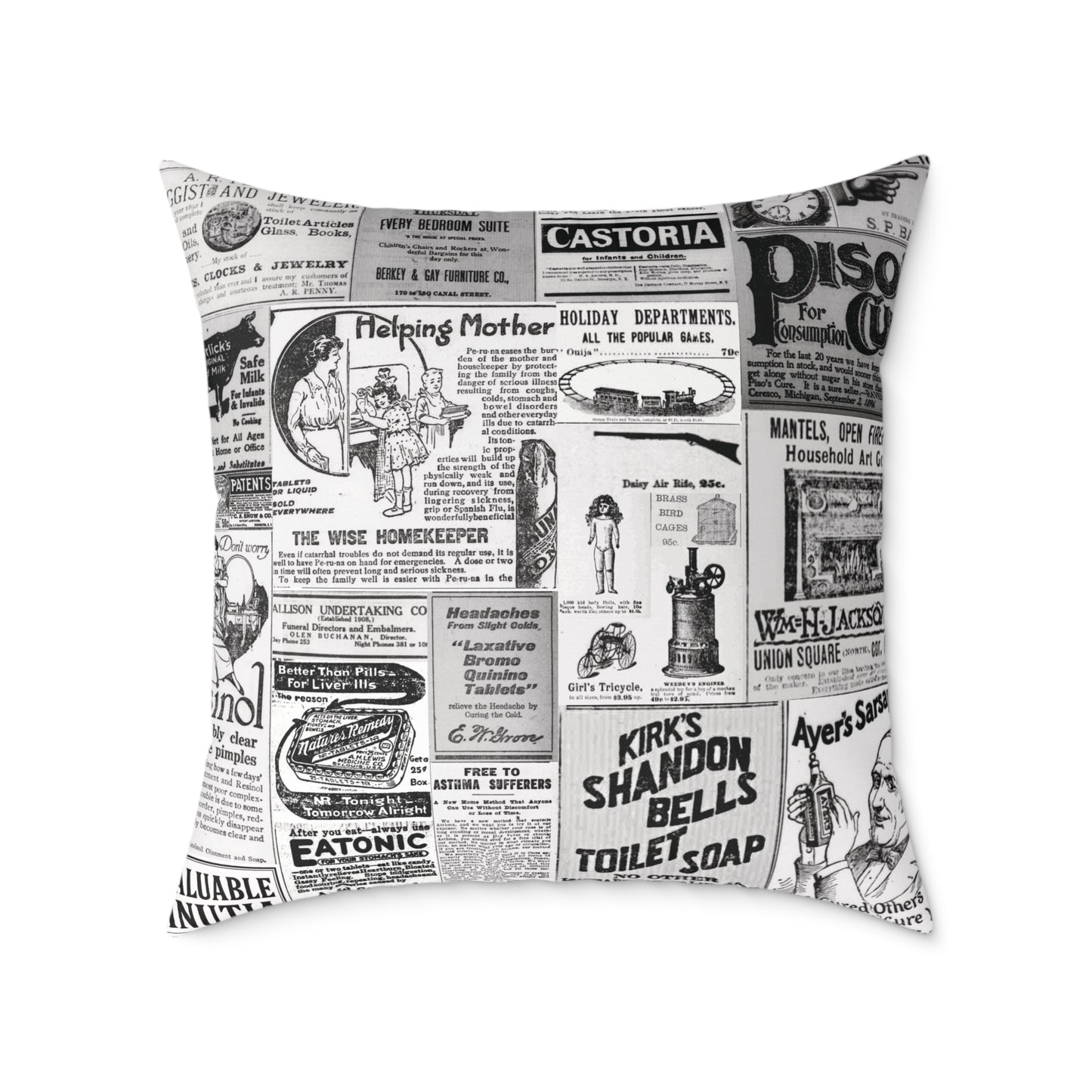 Occult Americana – 1800s Vintage Newspaper Ads Collage Art - Canvas Throw Pillow Version 2