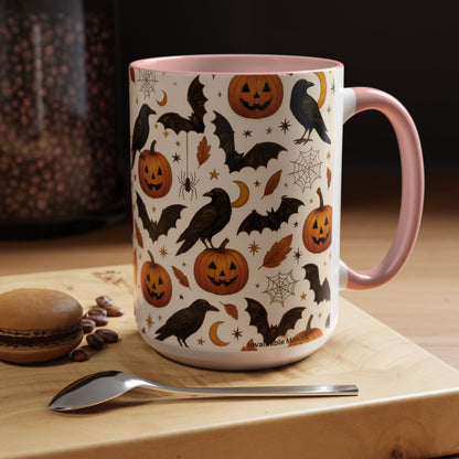 Halloween Raven & Pumpkin Color Accent Mug – Gothic Crow, Bats & Jack-o’-Lantern Coffee Cup (11oz & 15oz) – Spooky Autumn Drinkware