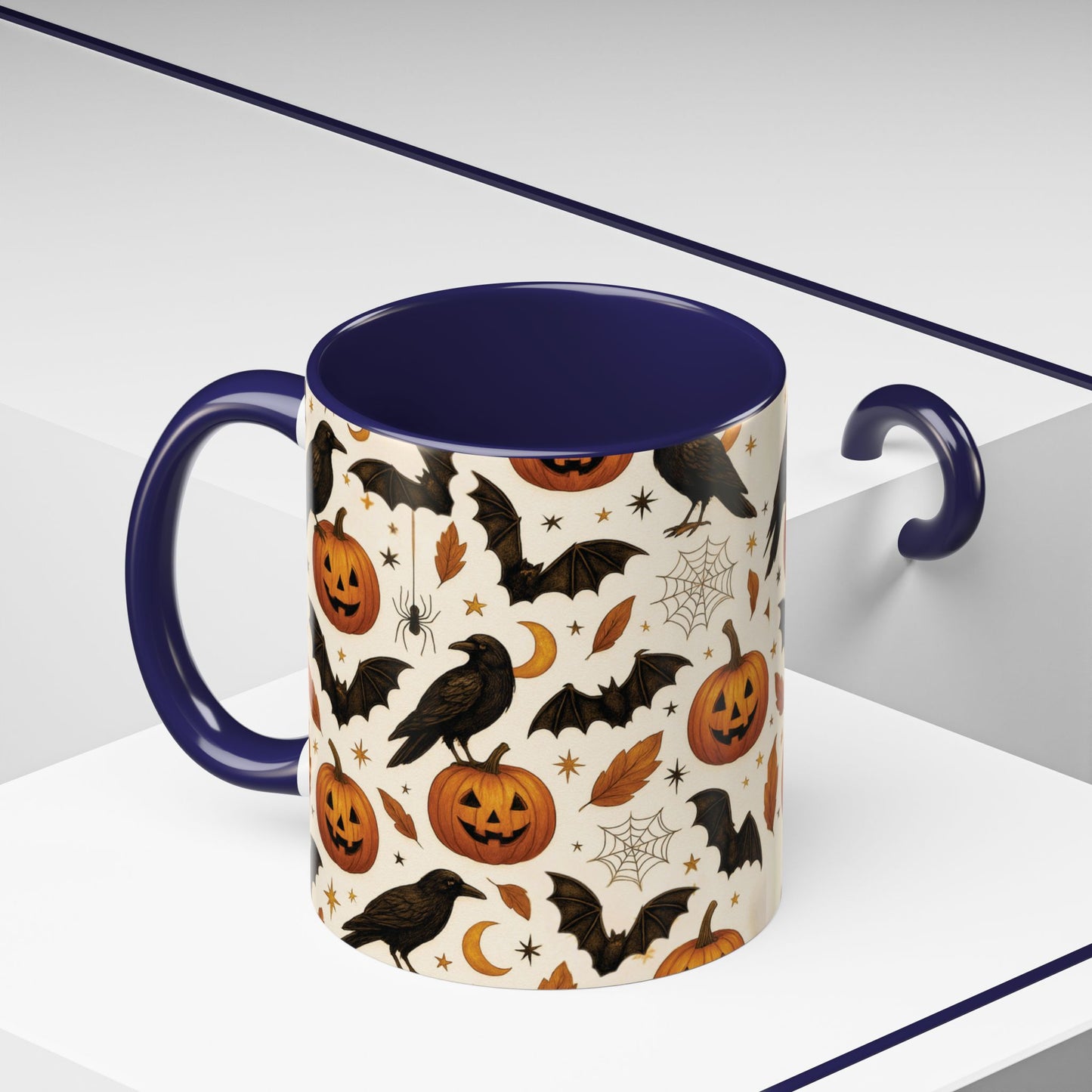 Halloween Raven & Pumpkin Color Accent Mug – Gothic Crow, Bats & Jack-o’-Lantern Coffee Cup (11oz & 15oz) – Spooky Autumn Drinkware