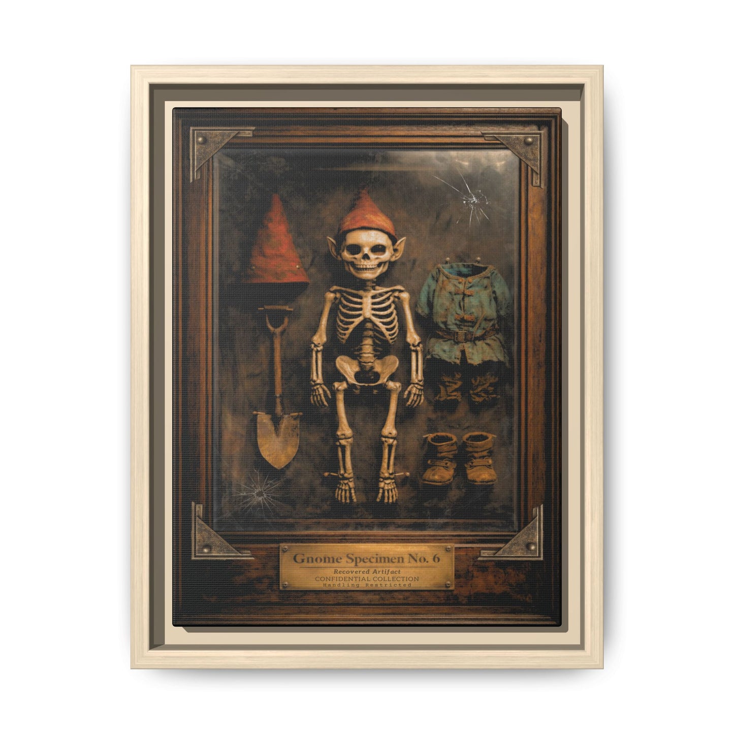 Gnome Specimen No. 6 Framed Canvas Print – Dark Curiosity Cabinet Wall Art, Gothic Skeleton Gnome Decor