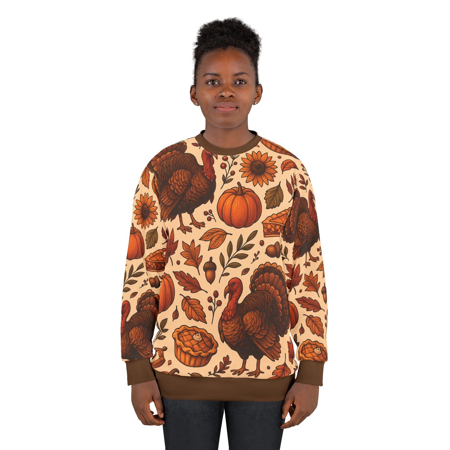 Thanksgiving Turkey Feast AOP Unisex Sweatshirt | Cozy Fall Sweater | Pumpkins, Pies & Autumn Leaves | Free Worldwide Shipping