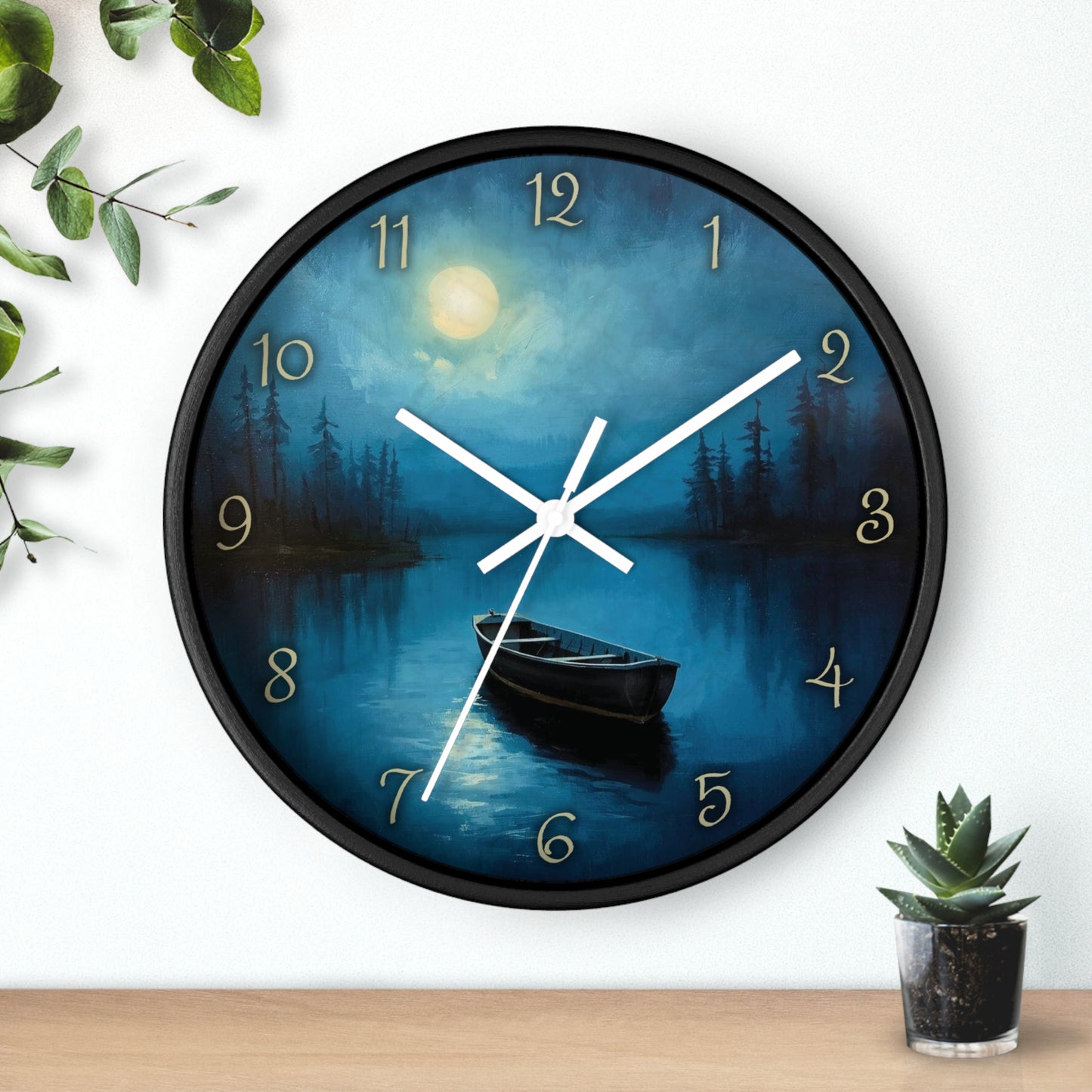 Moonlit Lake Wall Clock – Serene Night Boat Scene 10" Decor