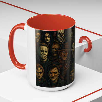 Horror Villain Collage Mug – 15oz & 11oz Ceramic Coffee Mug – Slasher Icons Halloween Gift – Goth Horrorcore Kitchen Decor