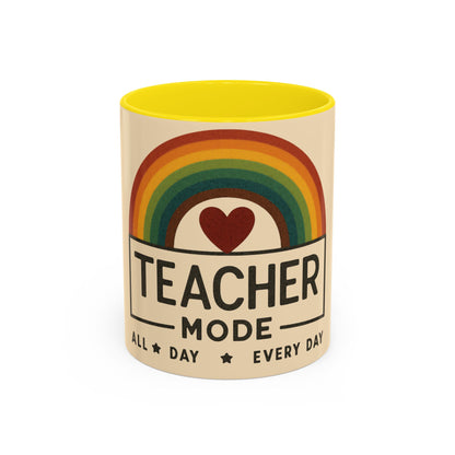 Teacher Mode – Color Accent Mug (11oz/15oz) • Rainbow Heart • Teacher Gift • Dishwasher & Microwave Safe