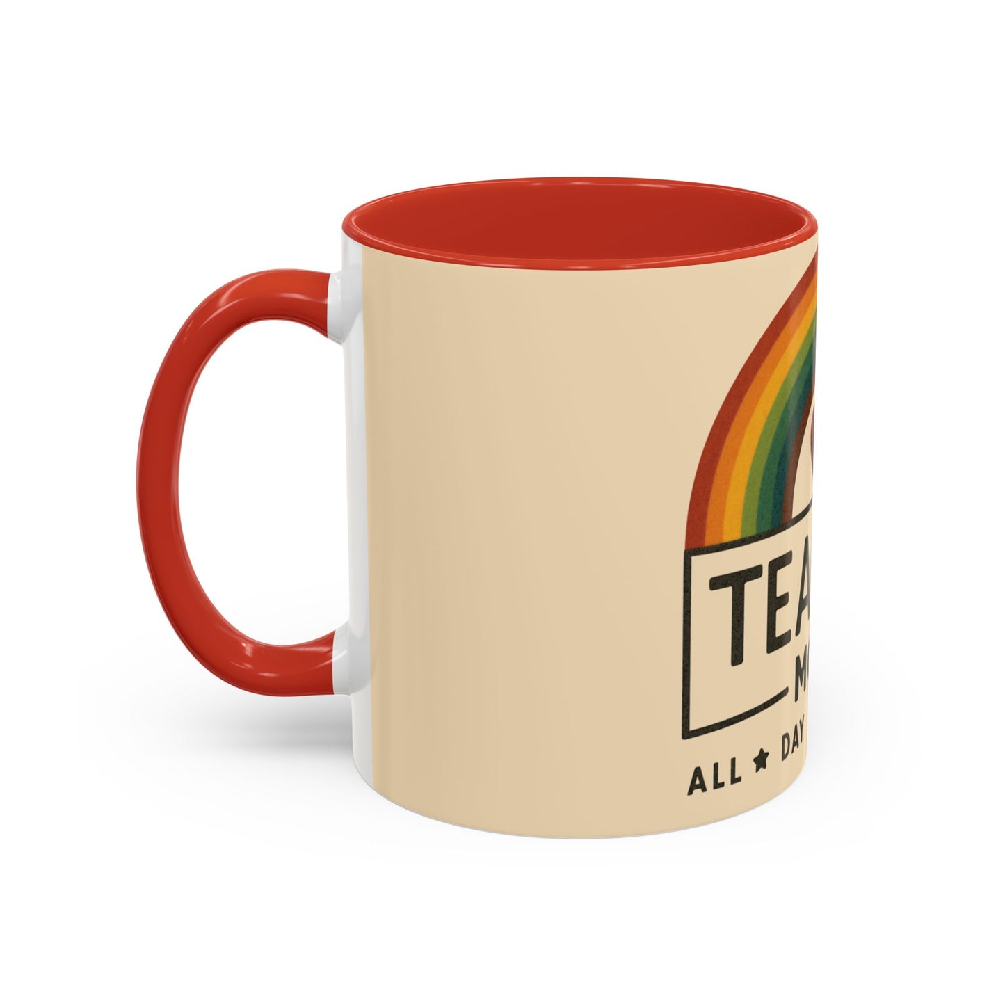 Teacher Mode – Color Accent Mug (11oz/15oz) • Rainbow Heart • Teacher Gift • Dishwasher & Microwave Safe