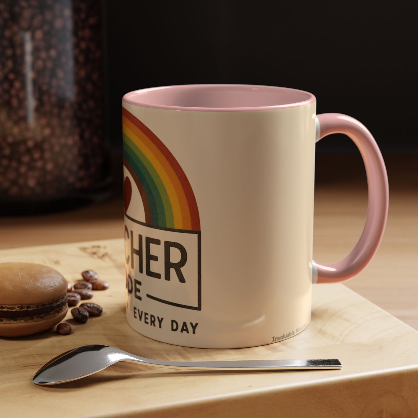 Teacher Mode – Color Accent Mug (11oz/15oz) • Rainbow Heart • Teacher Gift • Dishwasher & Microwave Safe
