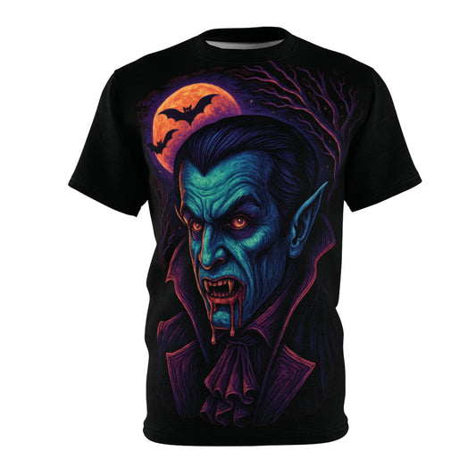 Vampire AOP Halloween T-Shirt – Neon Bloodthirsty Count Extra Large Print Tee (All-Over Print)