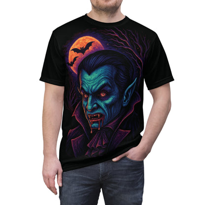 Vampire AOP Halloween T-Shirt – Neon Bloodthirsty Count Extra Large Print Tee (All-Over Print)
