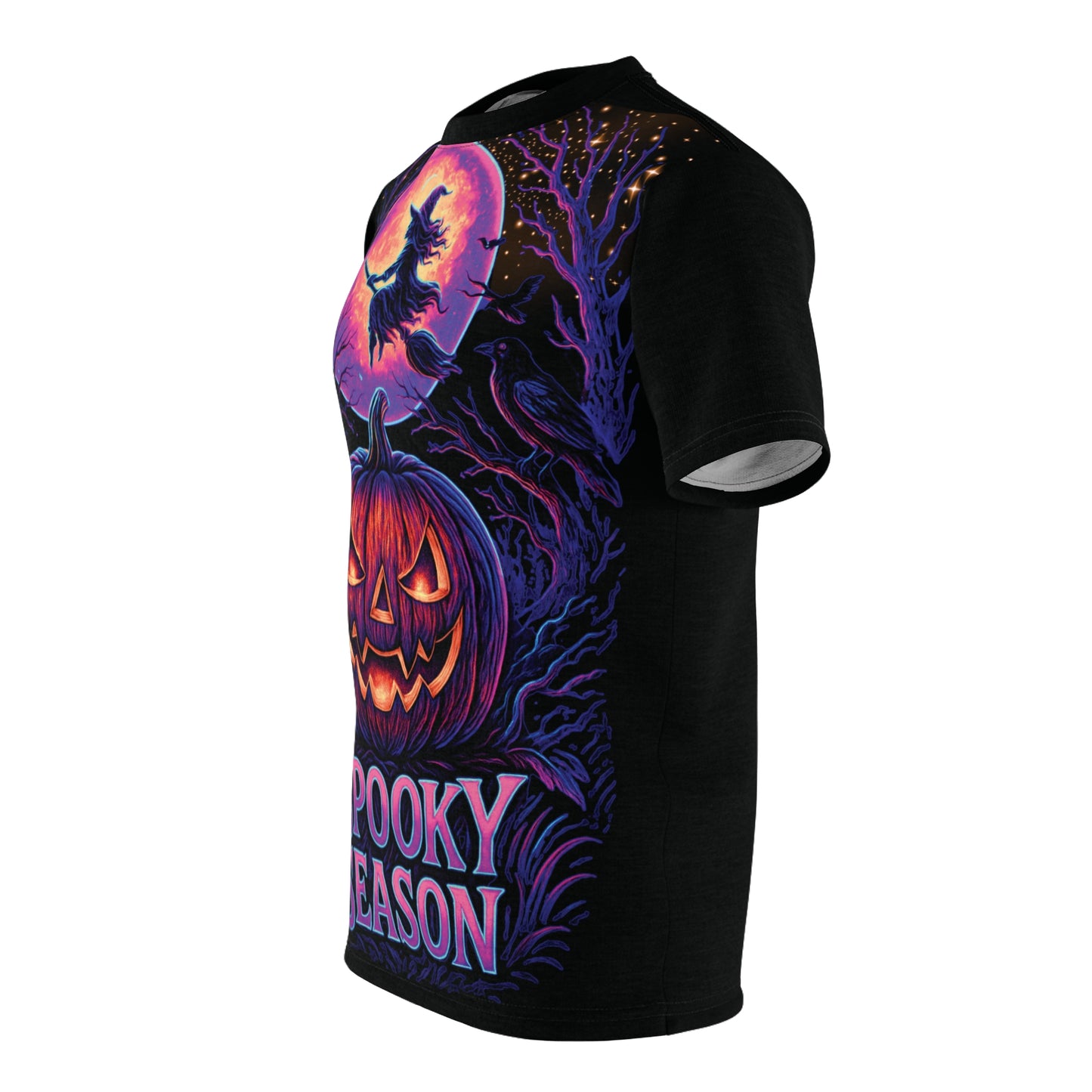 Neon Halloween AOP T-Shirt – Spooky Season Jack-o’-Lantern & Witch Design (All-Over Print)