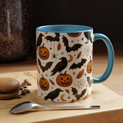 Halloween Raven & Pumpkin Color Accent Mug – Gothic Crow, Bats & Jack-o’-Lantern Coffee Cup (11oz & 15oz) – Spooky Autumn Drinkware
