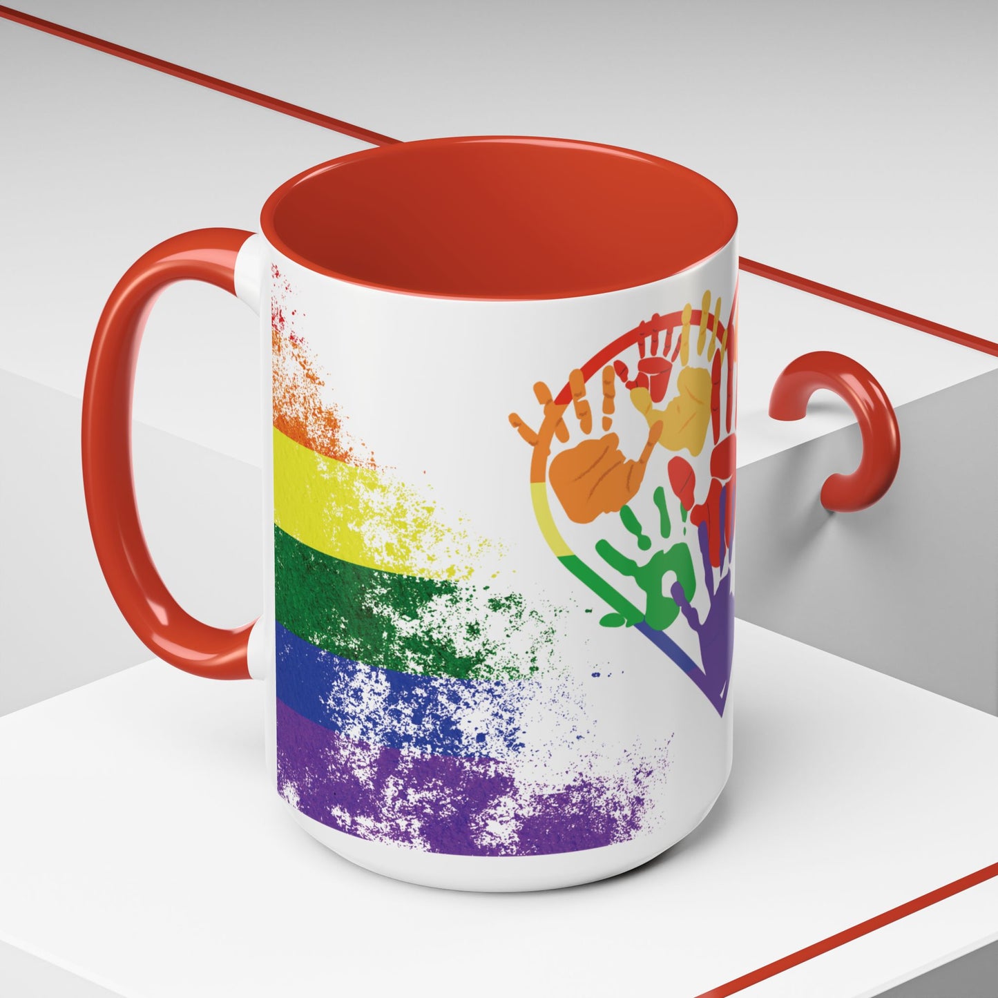 Handprint Heart Pride Mug | Rainbow Splash Ceramic Cup | 11oz & 15oz