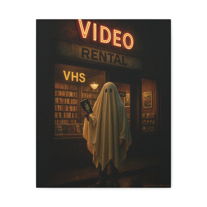 Retro Video Rental Ghost – VHS Nostalgia Matte Stretched Canvas Wall Art | 90s Spooky Decor
