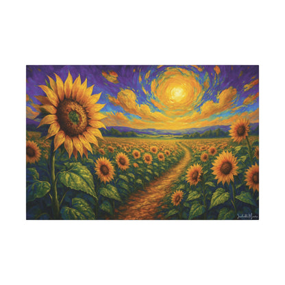 Sunflower Field Canvas Wall Art – Vibrant Golden Blooms, Van Gogh Inspired Sky, Horizontal Landscape Print