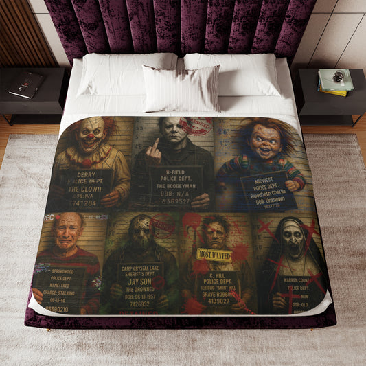 Horror Villains Mugshot Sherpa Fleece Blanket – Premium Cozy Throw, 3 Sizes, Free Worldwide Shipping