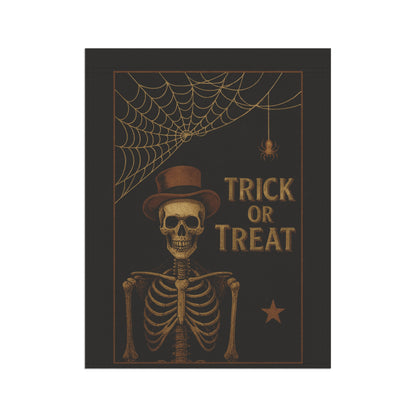 Trick or Treat Garden Flag – Skeleton in Top Hat with Spiderweb | Vintage Halloween Outdoor Banner