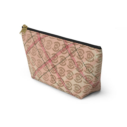 Elegant Plaid T-Bottom Accessory Pouch • Soft Pink Travel Bag with Boutique Monogram • Small or Large Sizes