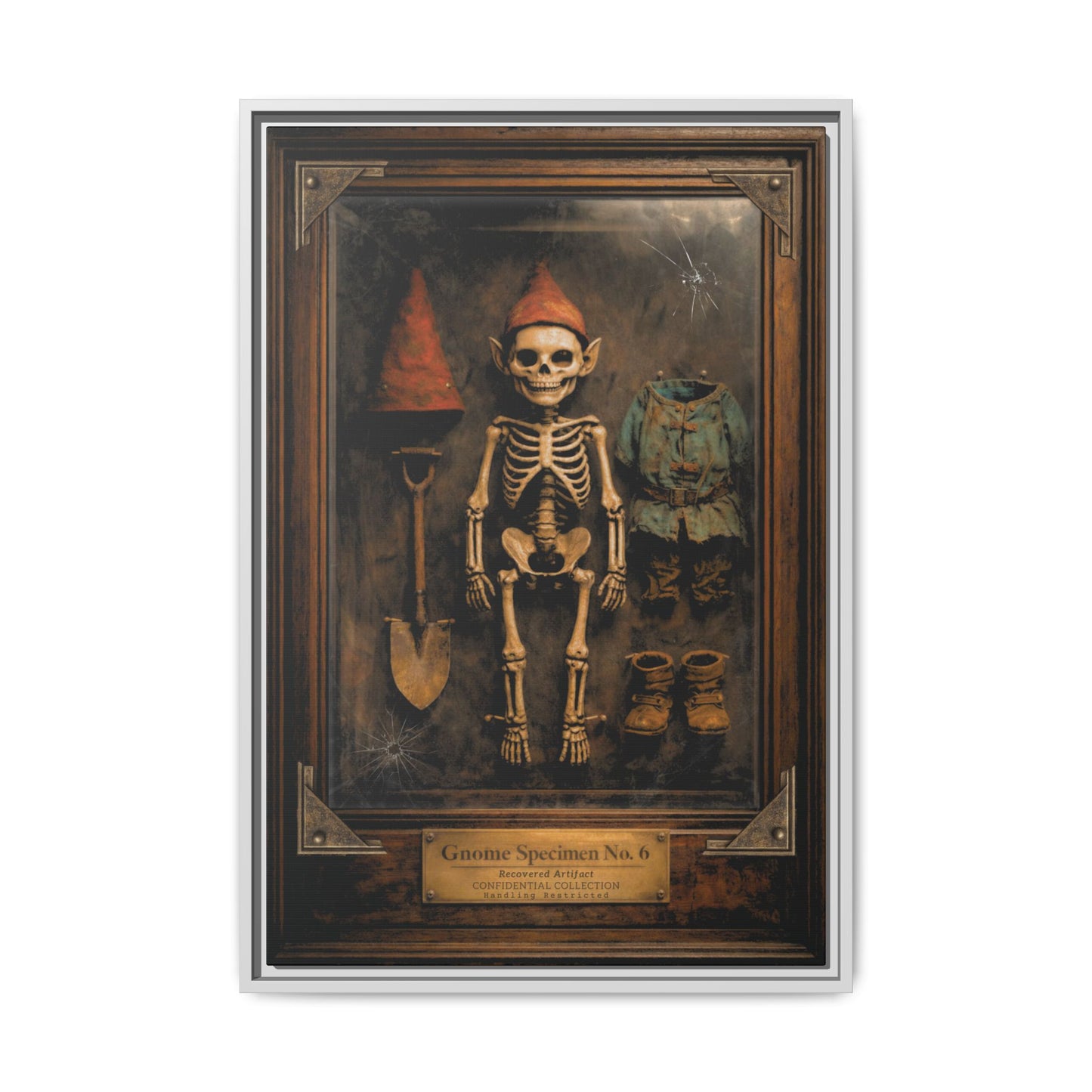 Gnome Specimen No. 6 Framed Canvas Print – Dark Curiosity Cabinet Wall Art, Gothic Skeleton Gnome Decor