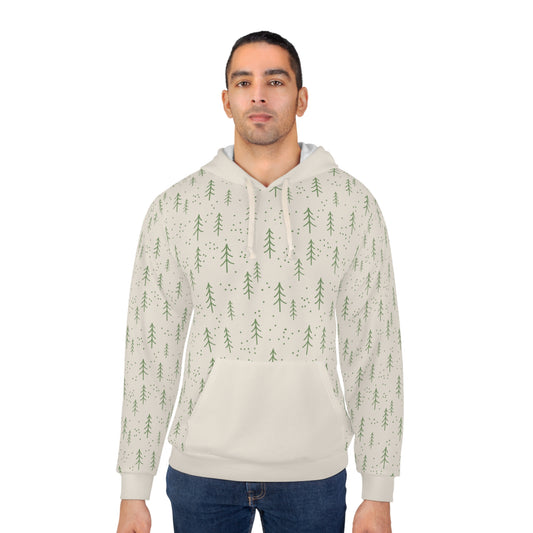 Minimalist Pine Forest AOP Hoodie – Scandinavian Winter Unisex Pullover