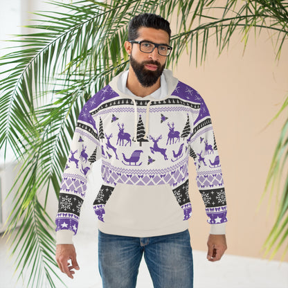 Purple Nordic Reindeer AOP Hoodie – Cozy Fair Isle Winter Holiday Pullover