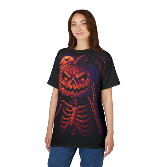 Skeleton Pumpkin Head AOP Halloween T-Shirt – Neon Spooky Jack-o’-Lantern Extra Large Print Tee (All-Over Print)