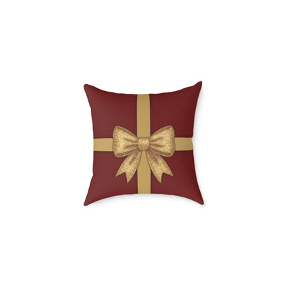 Red & Gold Gift Box Throw Pillow – Holiday Present Canvas Cushion with Holly Back