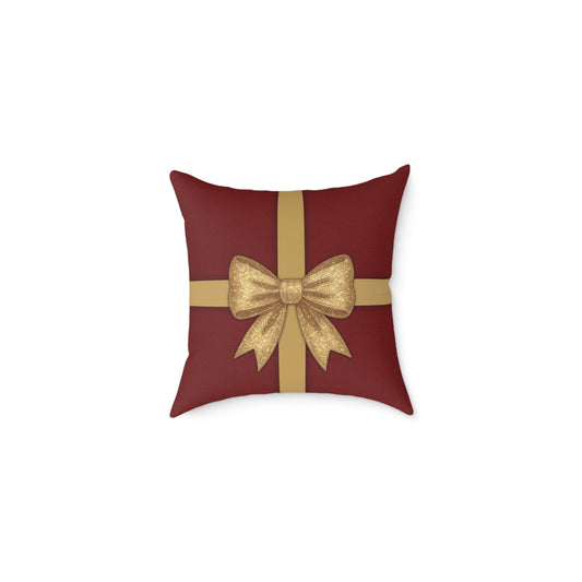 Red & Gold Gift Box Throw Pillow – Holiday Present Canvas Cushion with Holly Back
