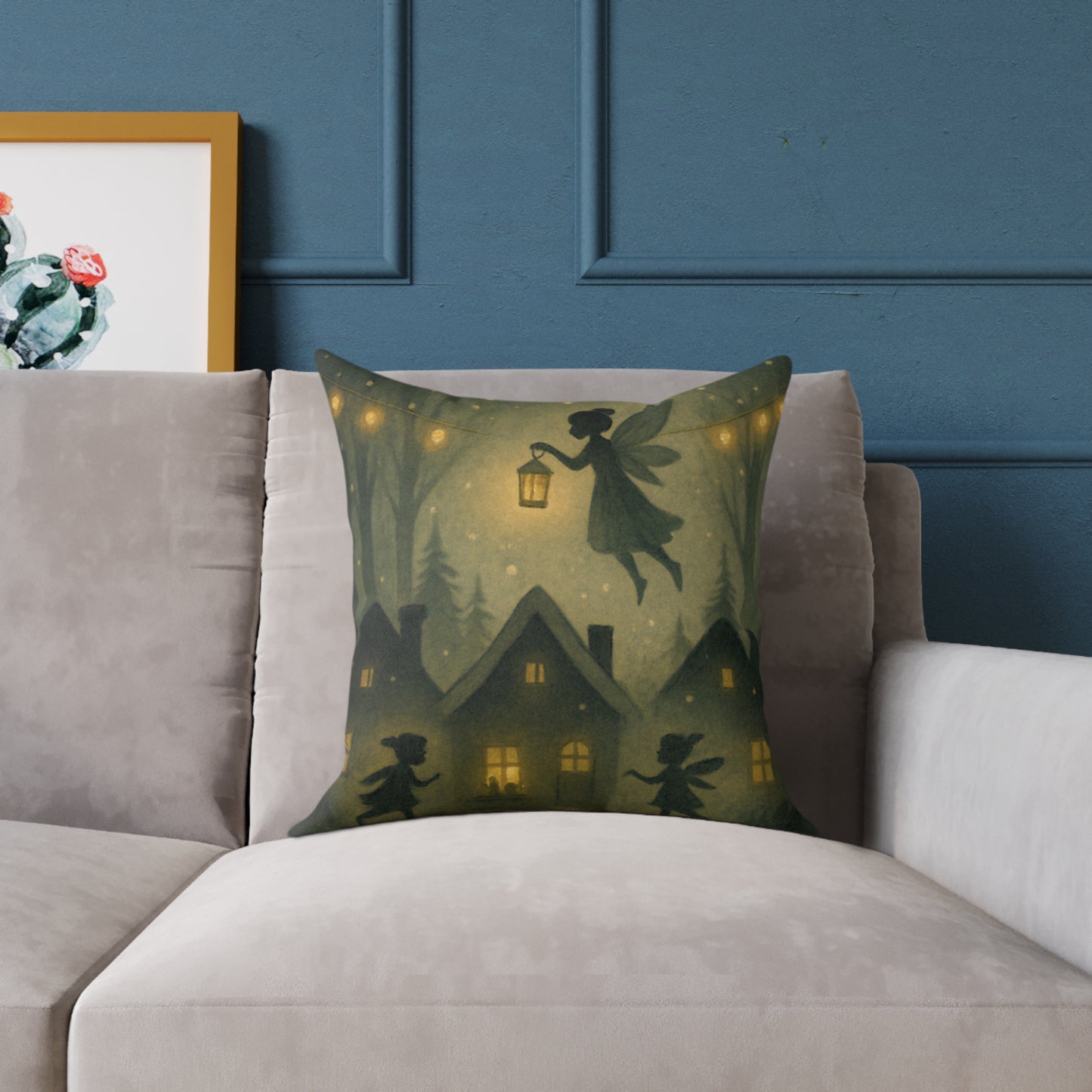 Winter Night Fairies Throw Pillow – Lantern Village Scene Dual-Sided Canvas Cushion