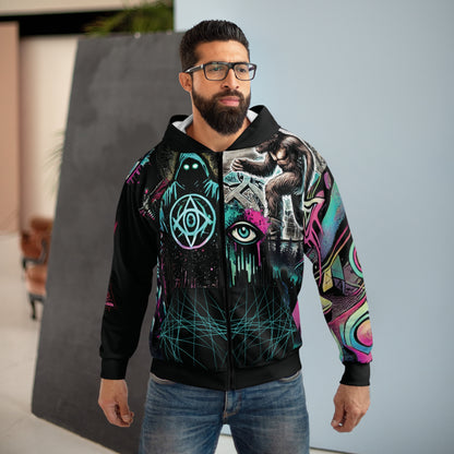 Unisex Zip Hoodie (AOP) Black - Cryptid Conspiracy Graffiti Design