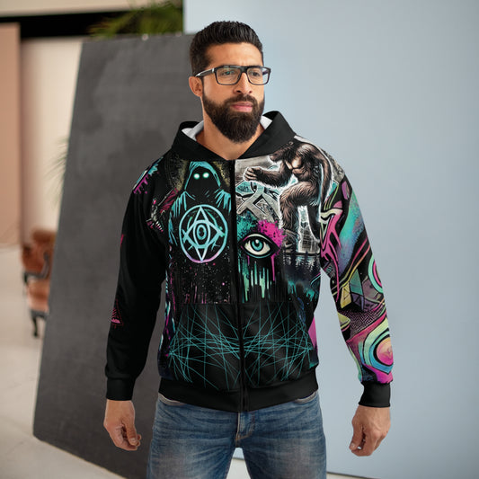 Unisex Zip Hoodie (AOP) Black - Cryptid Conspiracy Graffiti Design