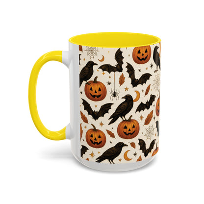 Halloween Raven & Pumpkin Color Accent Mug – Gothic Crow, Bats & Jack-o’-Lantern Coffee Cup (11oz & 15oz) – Spooky Autumn Drinkware