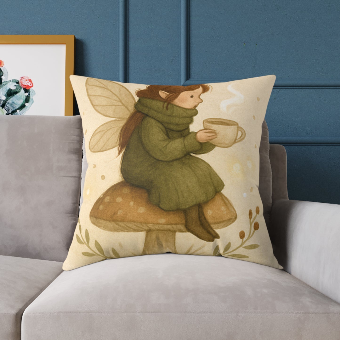 Cozy Winter Fairy Throw Pillow – Tea on a Toadstool & Lantern Fairy Canvas Cushion