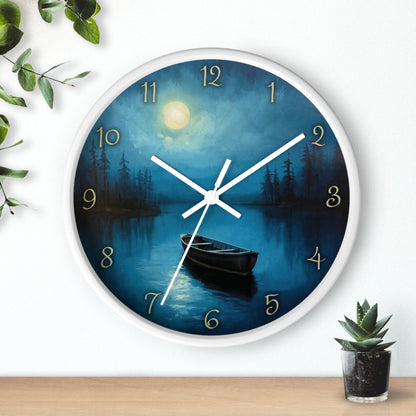 Moonlit Lake Wall Clock – Serene Night Boat Scene 10" Decor