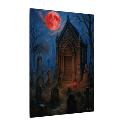 "Blood Moon Mausoleum" – Gothic Graveyard Fine Art Matte Canvas Print (Vertical)