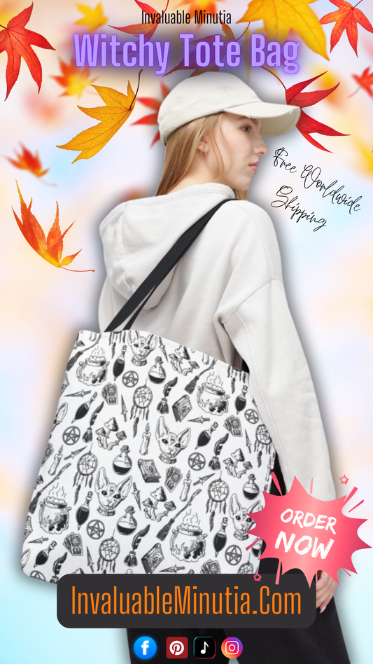 Woman carrying the 18"x18" Witchy Potions black and white pattern tote bag with beige handles, styled for fall with warm autumn backdrop — boutique witchcore canvas by Invaluable Minutia.