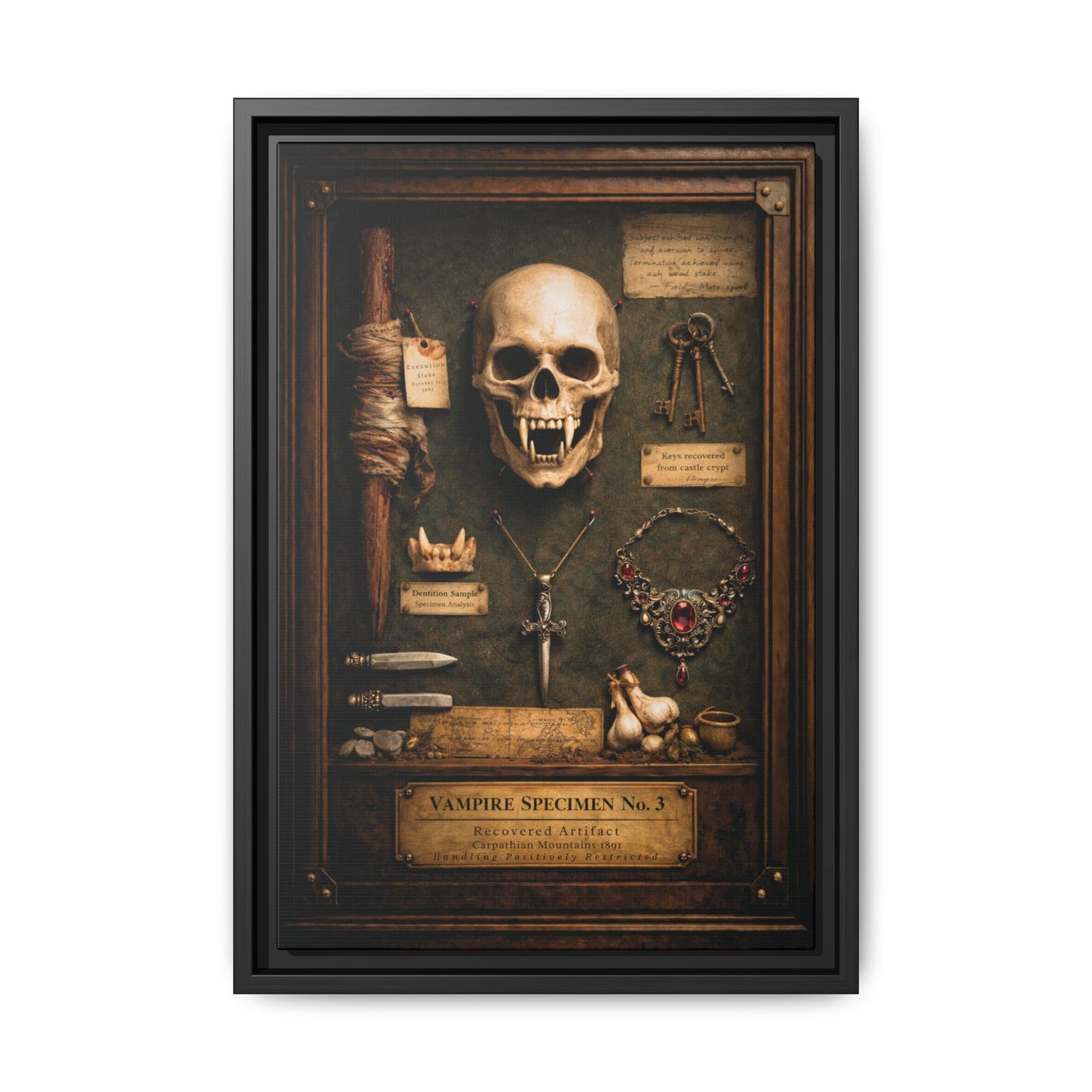 Framed Canvas Art – Vampire Specimen No. 3 | Gothic Vampire Wall Decor | Dark Academia Curiosity Cabinet Art