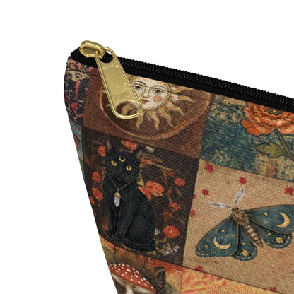 Witchy Patchwork Accessory Pouch – Black Cat Moon Mushroom Cosmetic Bag