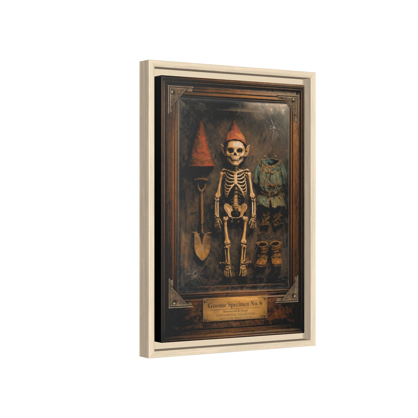 Gnome Specimen No. 6 Framed Canvas Print – Dark Curiosity Cabinet Wall Art, Gothic Skeleton Gnome Decor