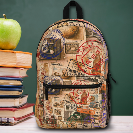 “Seasoned Traveler” – Retro Passport Print Backpack