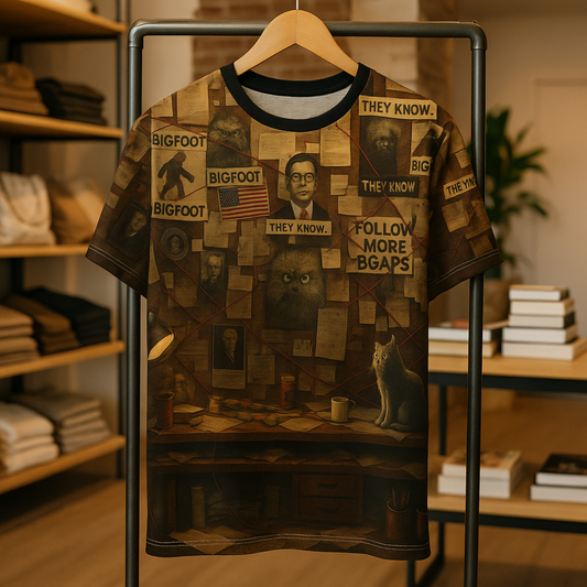 Bigfoot Conspiracy Tee, Unisex T-Shirt, Funny Graphic Tee, Unique Gift for Halloween, Cryptid Lover Fashion, AOP Apparel