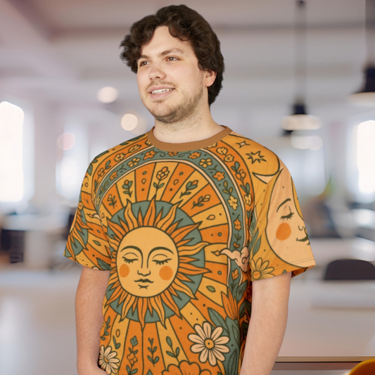 Sun & Moon Boho Vibes Unisex Cut & Sew Tee | AOP Shirt, Boho Style Tee, Perfect for Summer, Gift for Nature Lovers, Festival Wear