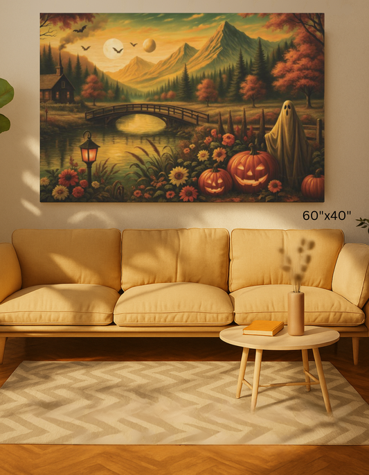 Ghost in the Garden – Autumn Halloween Landscape Canvas Print