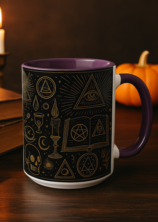 Witchy Aesthetic Coffee Mug – 15oz Black & Purple Ceramic with Occult Symbols – Goth Kitchen Decor, Halloween Gift Idea - 11oz/15oz