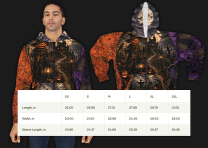 Gothic Halloween Zip Hoodie: Scarecrow Patchwork All Over Print, Unisex XS 2XL