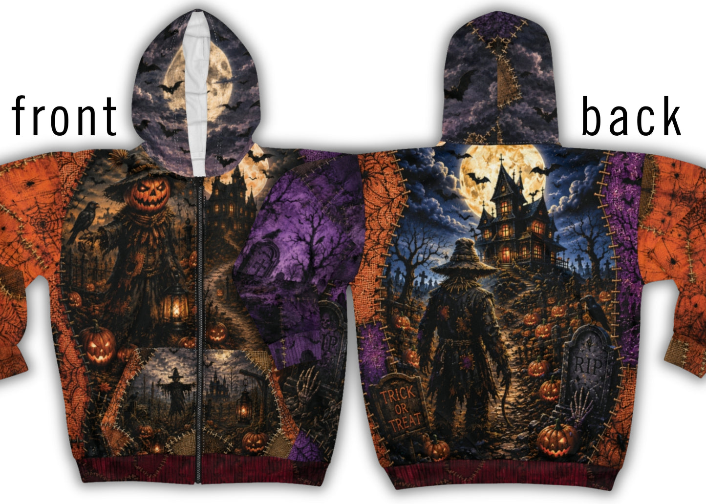 Gothic Halloween Zip Hoodie: Scarecrow Patchwork All Over Print, Unisex XS 2XL